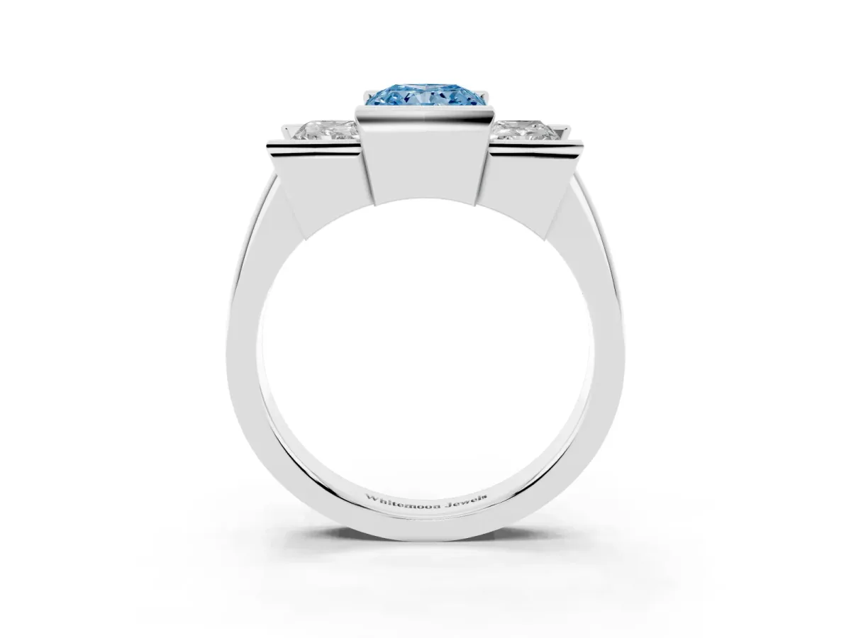 Fancy Blue Three Stone Radiant Cut Cut Channel Set Diamond Ring Silver
