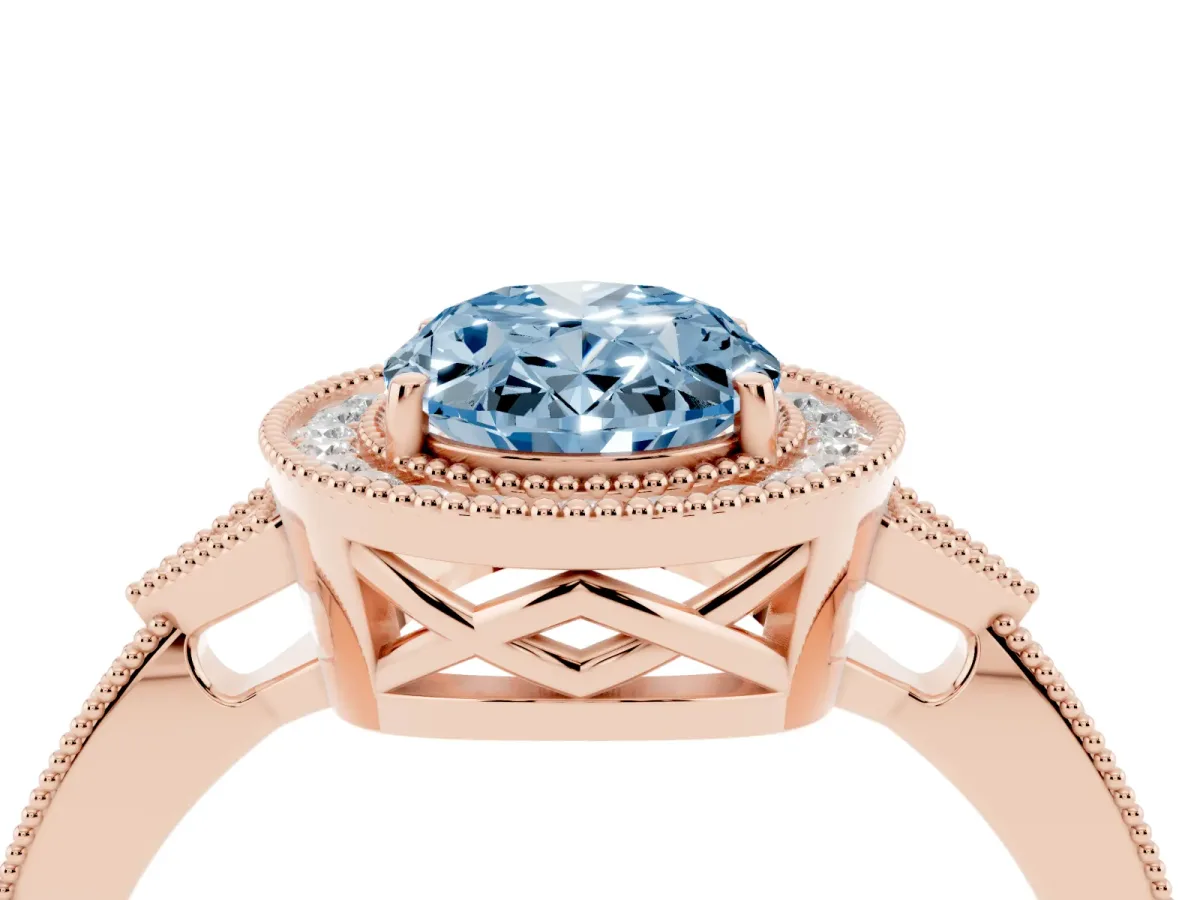 Fancy Blue Oval Cut Halo Round Diamond Milgrain Pave Engagement Ring Rose gold