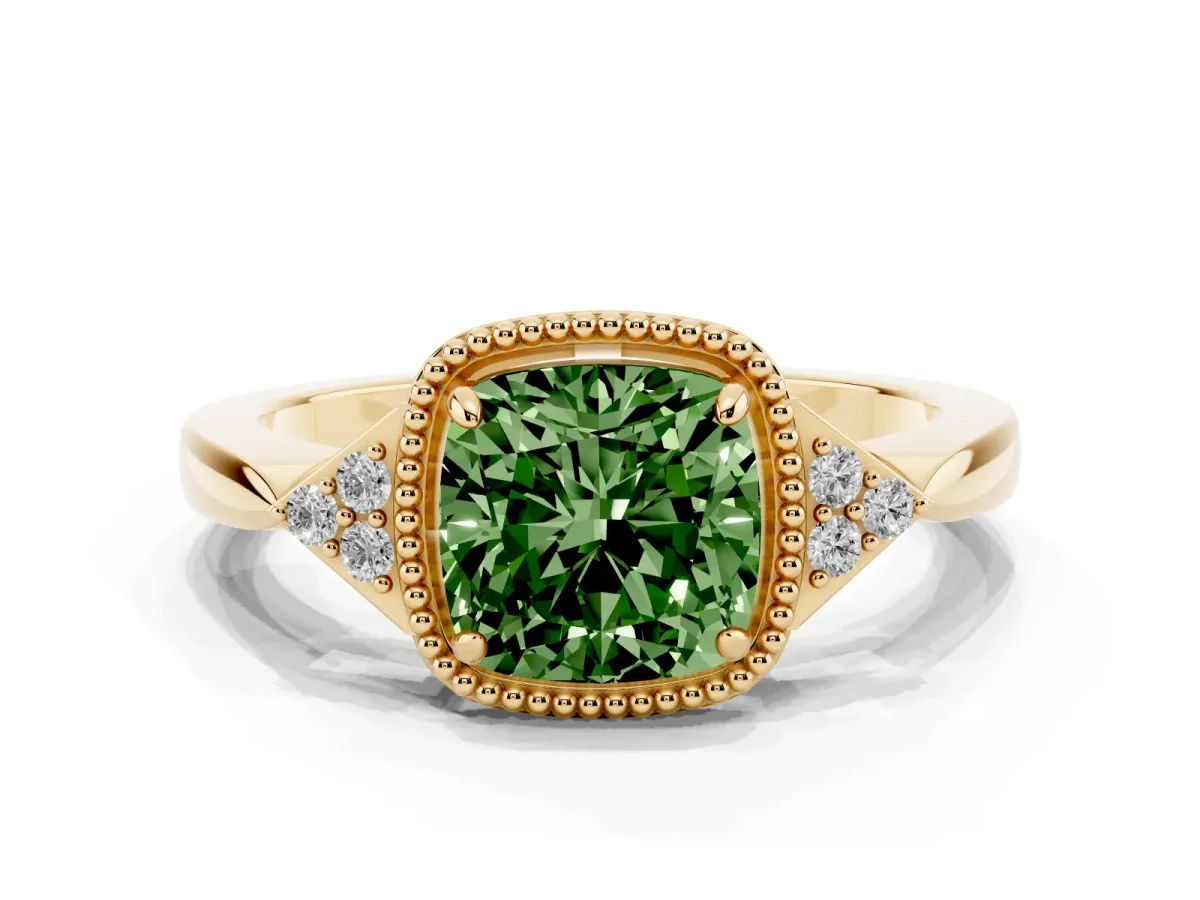 Fancy Green Cushion Cut Diamond Halo Ring with Tapered Band and Four-Prong Setting Yellow gold