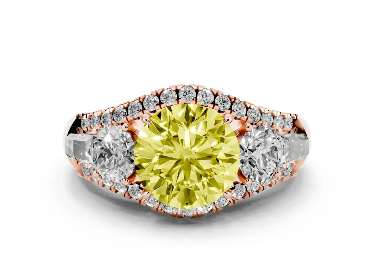 Fancy Yellow Three-Stone Round Cut Diamond Engagement Ring with Pave Band and Prong Setting Rose gold
