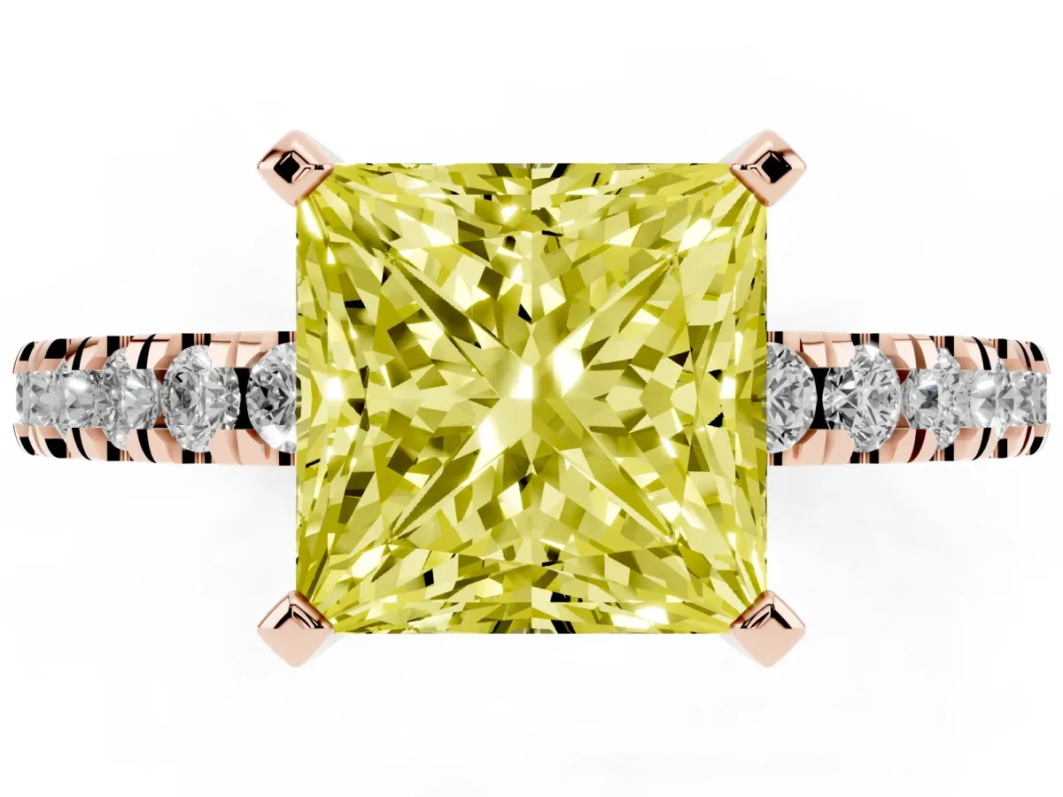 Fancy Yellow Princess Cut Solitaire Diamond with Pavé Band and Four-Prong Setting Rose gold