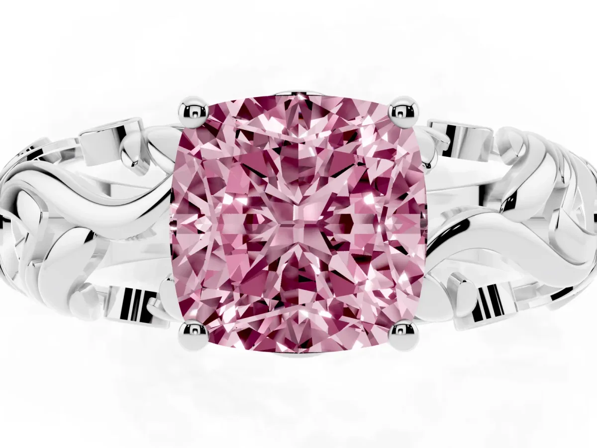 Fancy Pink Cushion Cut Solitaire Diamond Leaf-Inspired Vine Band Ring with Prong Setting Platinum