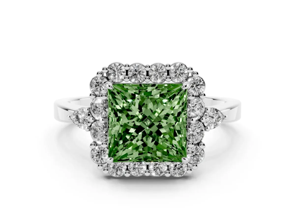 Fancy Green Princess Cut Diamond Halo Ring with Pear Side Stones and Prong Setting Platinum