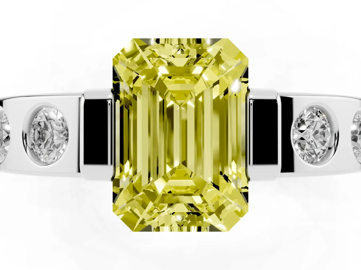 Fancy Yellow Emerald Cut Brilliant Channel-Set Diamond Ring with Bezel Prong Setting Platinum