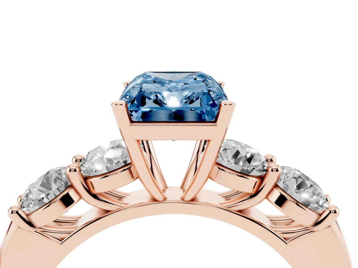 Fancy Blue Radiant Cut Cut Five-Stone Prong Set Diamond Ring with Classic Band Rose gold