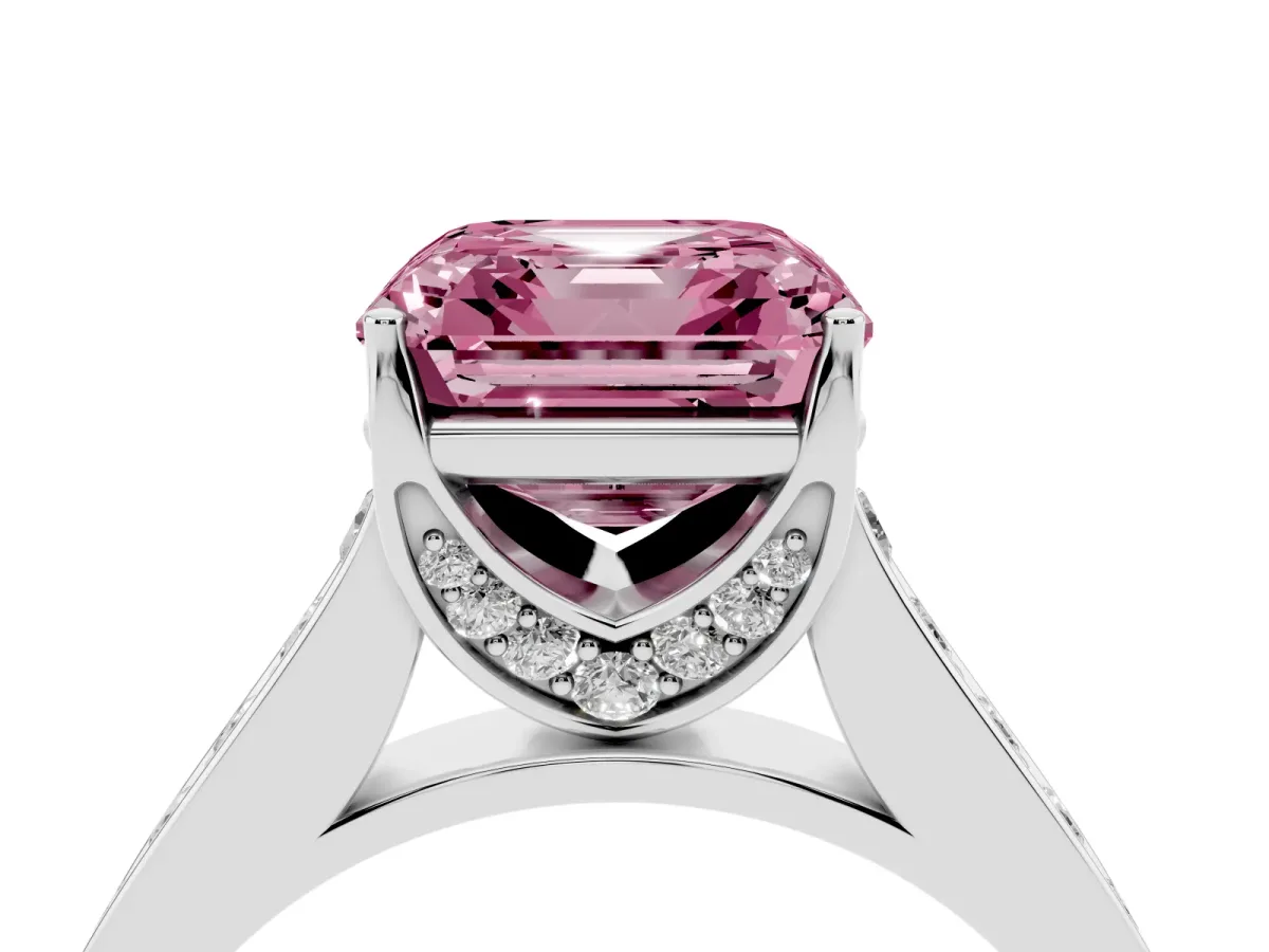 Fancy Pink Asscher Cut Brilliant Cut Diamond Engagement Ring with Pavé Band and Four-Prong Setting Silver