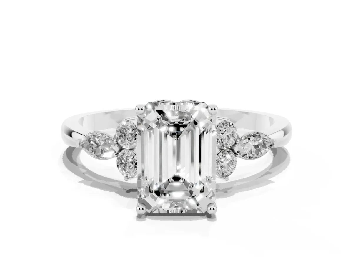 Emerald Cut Brilliant Diamond Solitaire Ring with Pear Side Stones and Four-Prong Setting Silver
