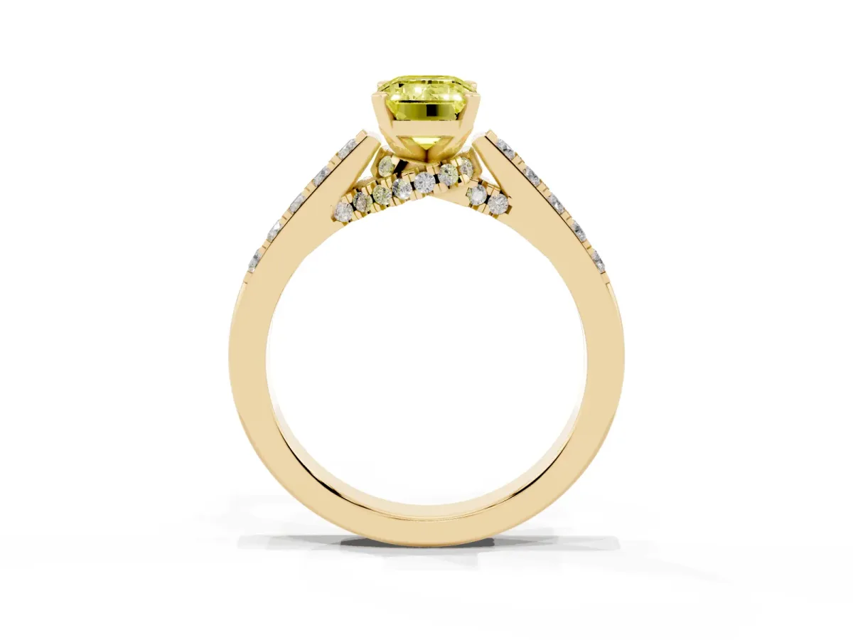 Fancy Yellow Emerald Cut Diamond Solitaire Ring with Crossover Gallery and Round Pavé Band Yellow gold