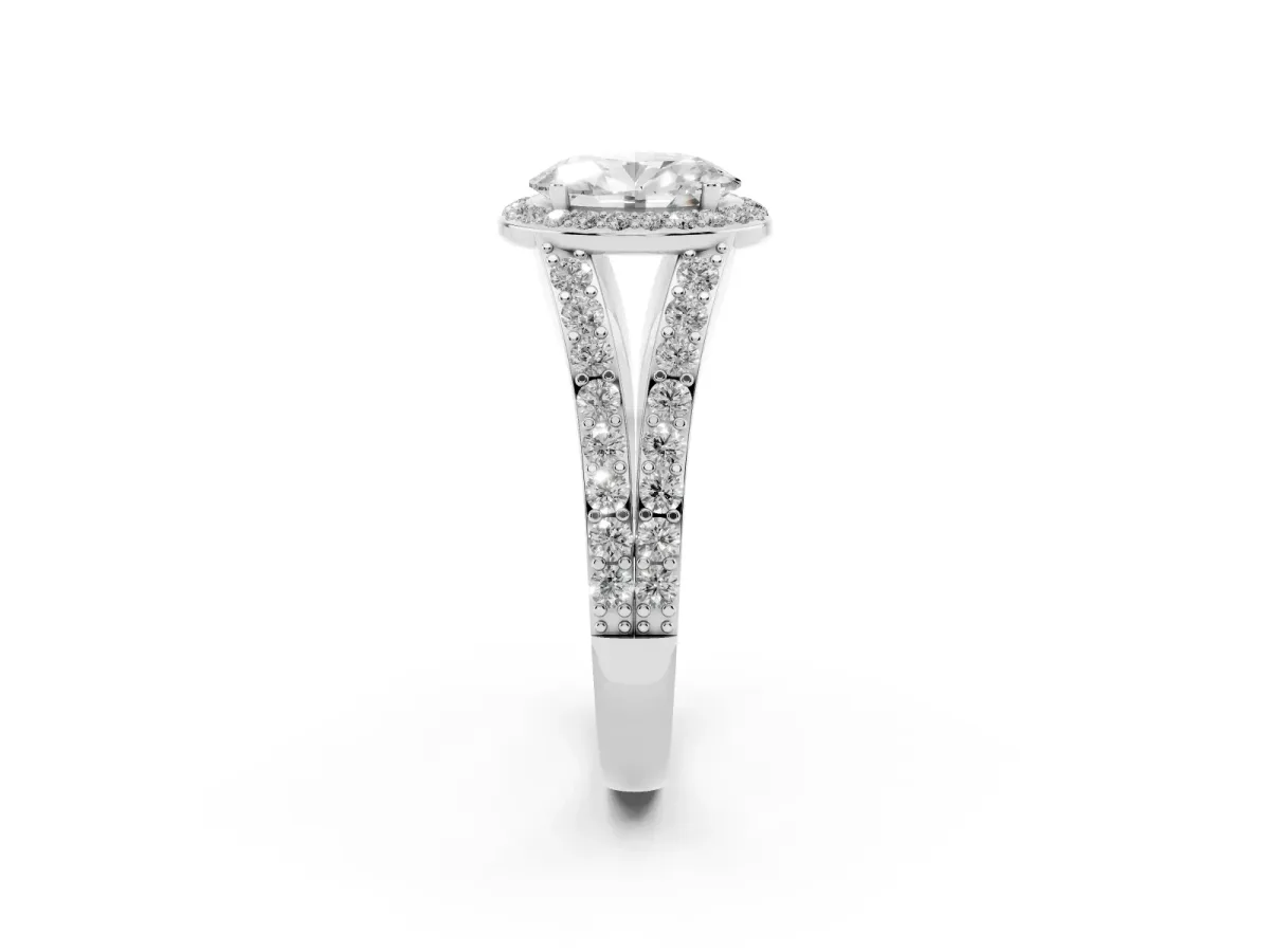 Oval Cut Diamond Split Shank Halo Ring with Four-Prong Setting White gold