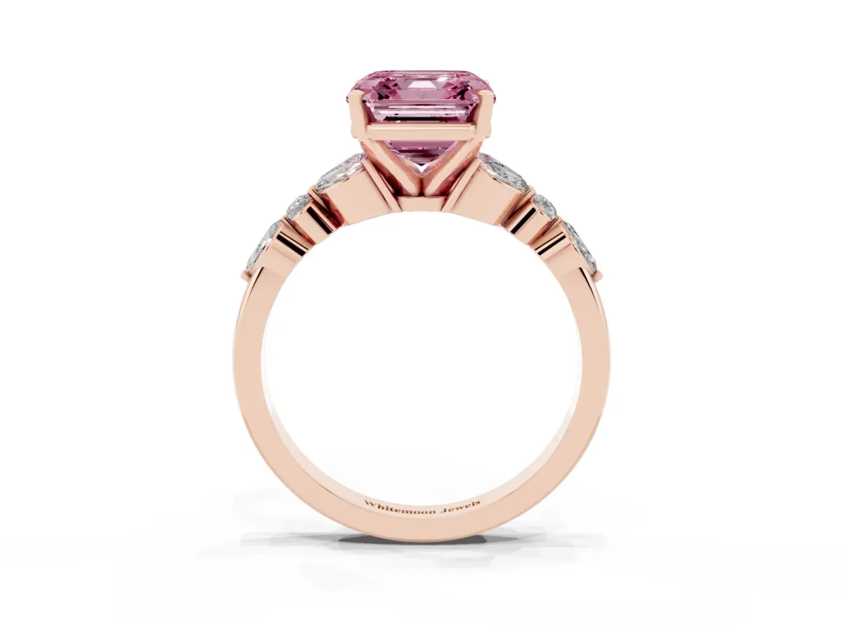Fancy Pink Asscher Cut Diamond Solitaire Ring with Side Stones and Four-Prong Setting Rose gold