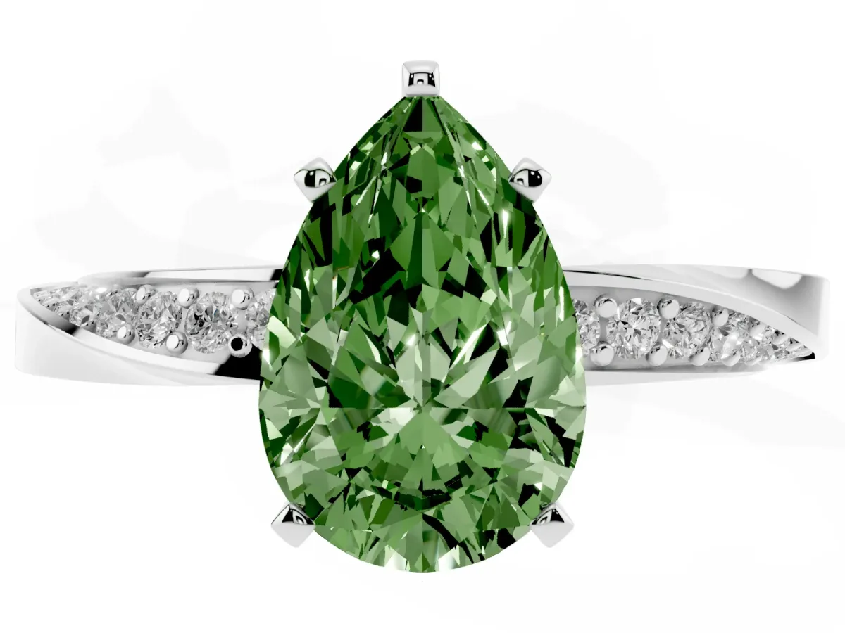 Fancy Green Pear Cut Diamond Engagement Ring with Side Stone Accents and Four-Prong Setting Platinum