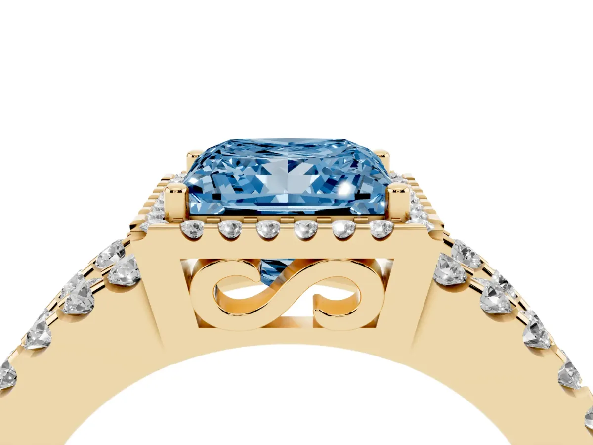 Fancy Blue Princess Cut Cut Halo Split Shank Diamond Ring with Four-Prong Setting Yellow gold