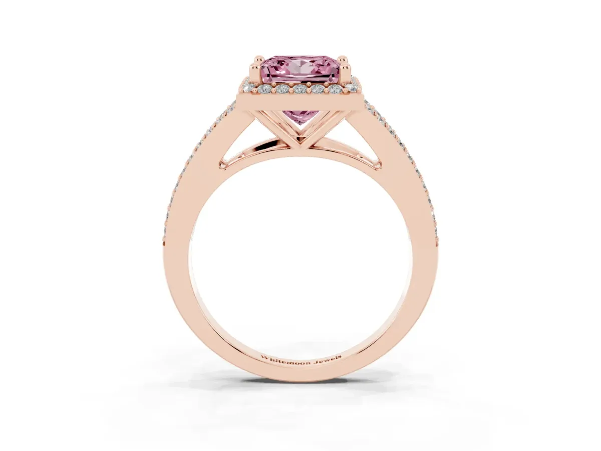Fancy Pink Princess Cut Halo Split Shank Diamond Ring with Prong Setting Rose gold