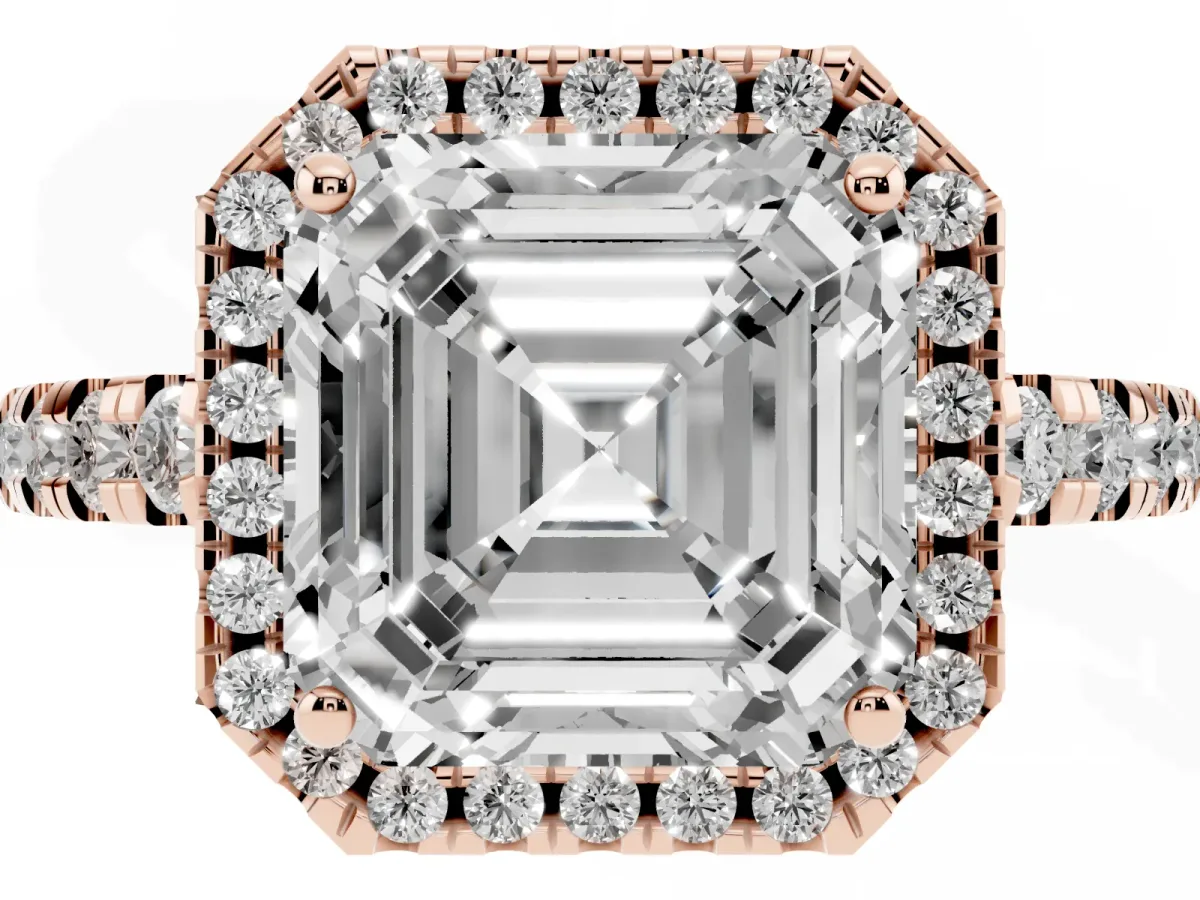 Asscher Cut Diamond Halo Ring with Pavé Band and Four-Prong Setting Rose gold