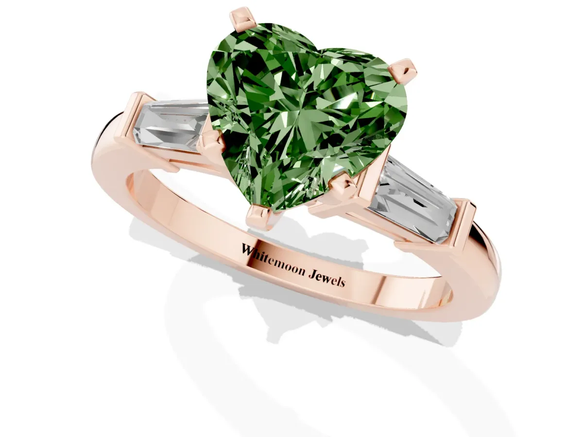 Fancy Green Heart Cut Cut Diamond Solitaire Ring with Tapered Baguette Accents and Four-Prong Setting Rose gold