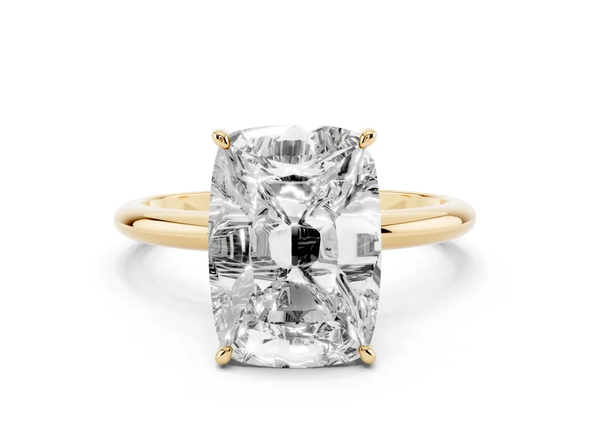 Old Mine Elongated Cushion Diamond Classic Band Four Prong Solitaire Ring Yellow gold