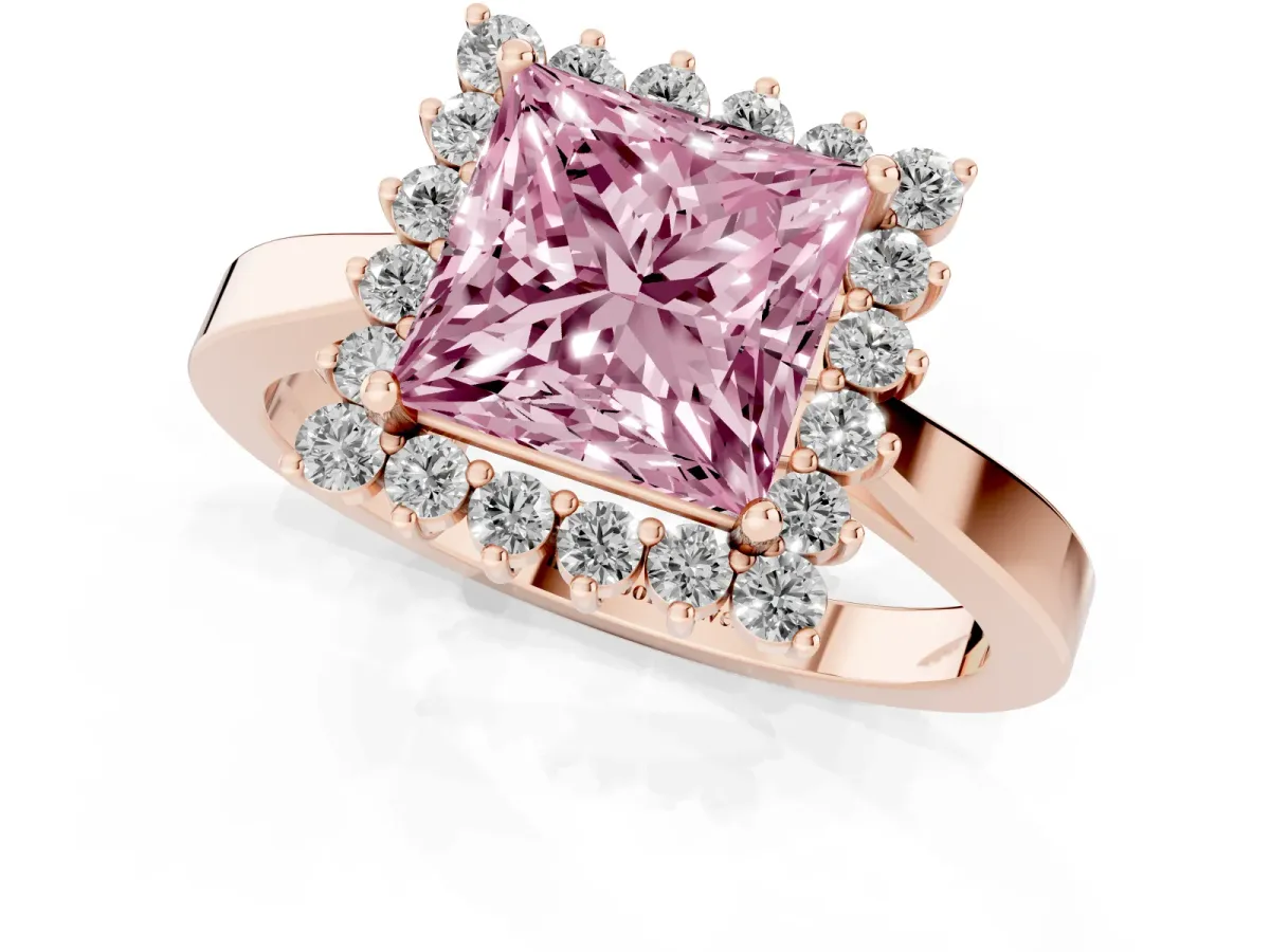 Fancy Pink Princess Cut Cut Diamond Halo Ring with Round Brilliant Halo and Solitaire Band Rose gold