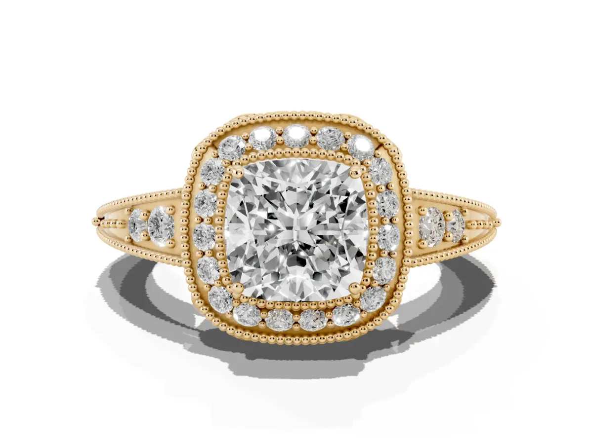 Cushion Cut Halo Diamond Split Shank Ring with Milgrain Detail Yellow gold