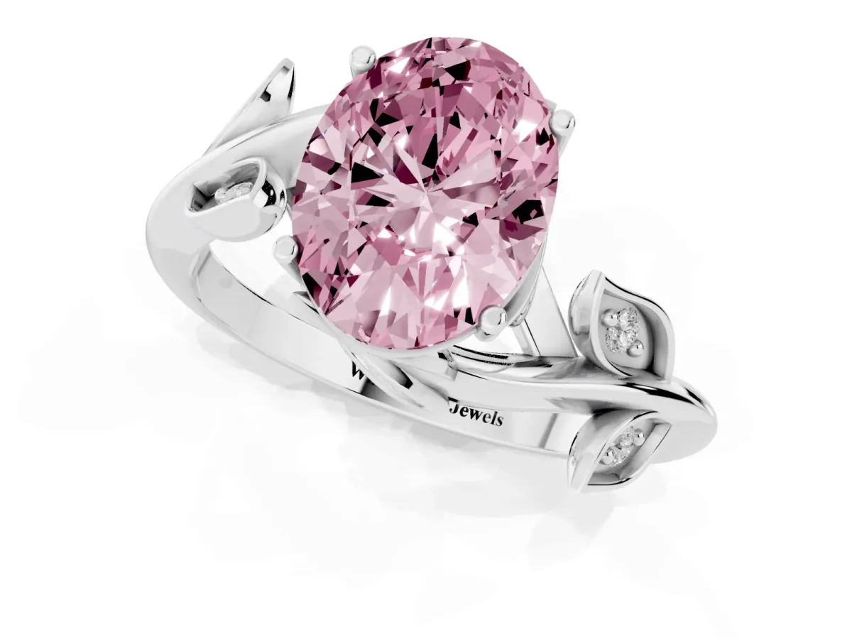 Fancy Pink Oval Cut Solitaire Twist Engagement Ring with Leaf Accents and Prong Setting Silver