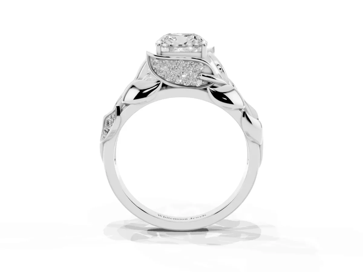 Cushion Cut Diamond Leaf-Inspired Engagement Ring with Round Accents and Prong Setting Silver