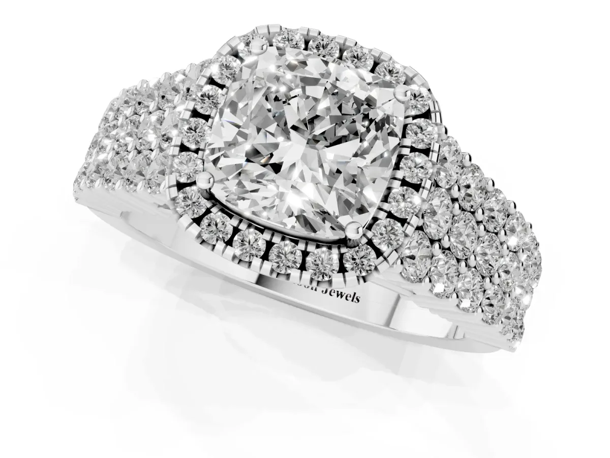 Cushion Cut Diamond Halo Engagement Ring with Triple Row Round Pavé Band and Prong Setting Silver