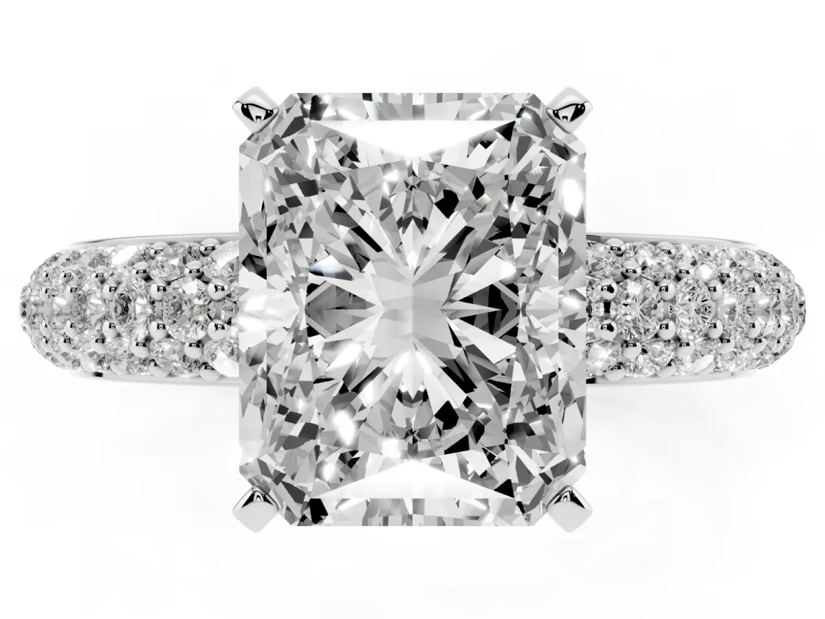 Radiant Cut Diamond Solitaire Ring with Prong Setting and Pavé Band Platinum