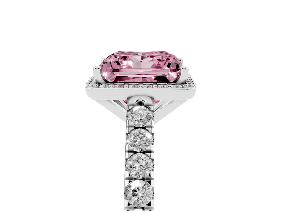 Fancy Pink Princess Cut Cut Halo Diamond Engagement Ring with Pave Band and Four-Prong Setting Platinum
