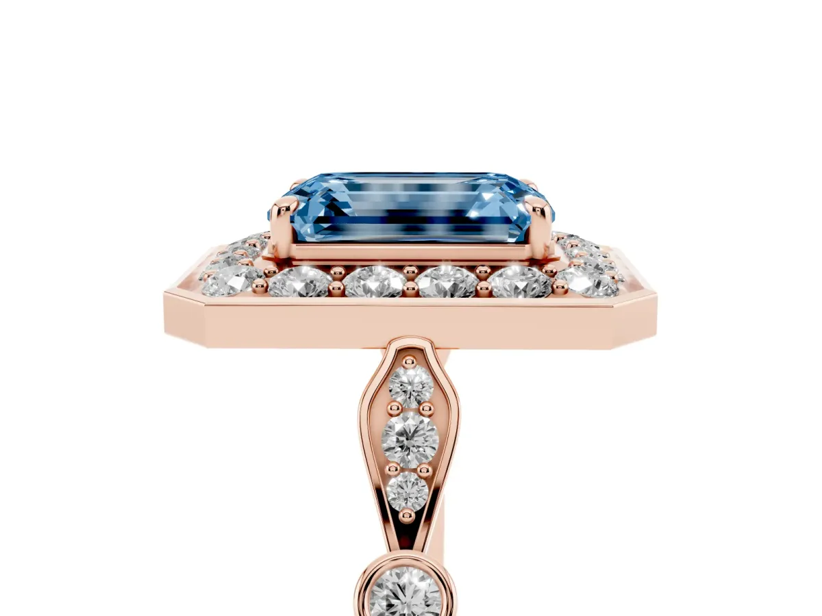 Fancy Blue Emerald Cut Halo Diamond Engagement Ring with Twisted Band and Four-Prong Setting Rose gold