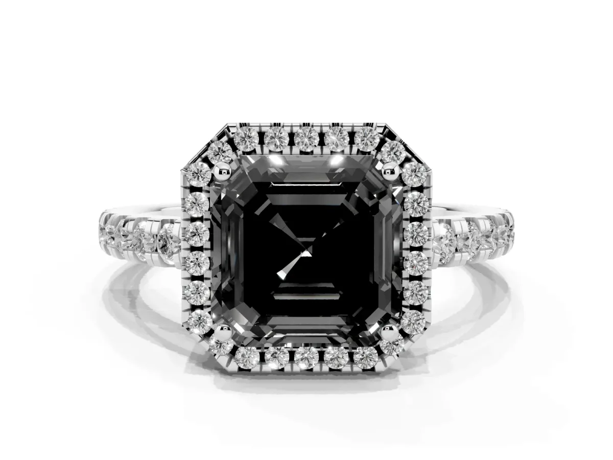 Fancy Black Asscher Cut Diamond Halo Ring with Pavé Band and Four-Prong Setting Silver