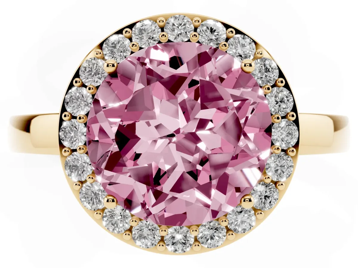 Fancy Pink Round Cut Halo Diamond Ring with Solitaire Band and Prong Setting Yellow gold