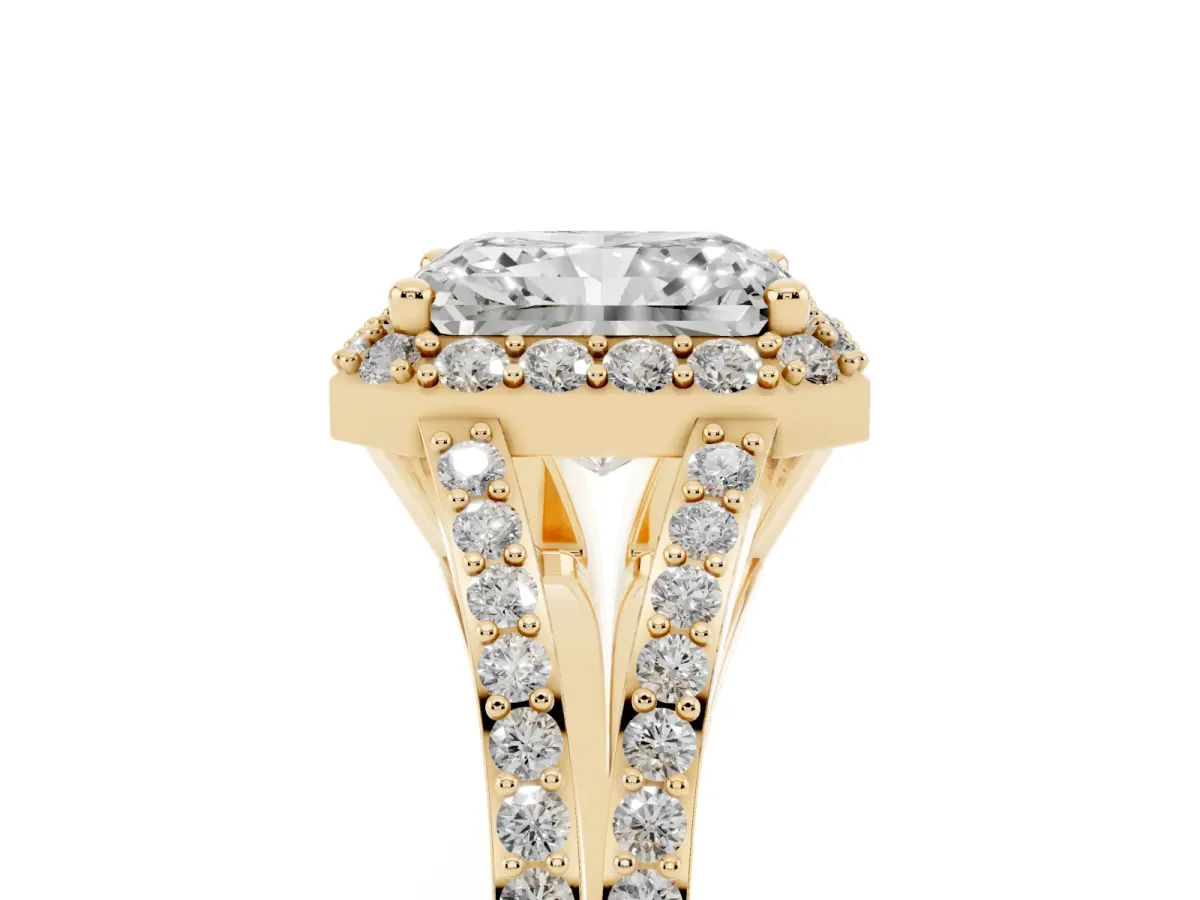 Radiant Cut Halo Split Shank Pave Diamond Ring with Four-Prong Setting Yellow gold