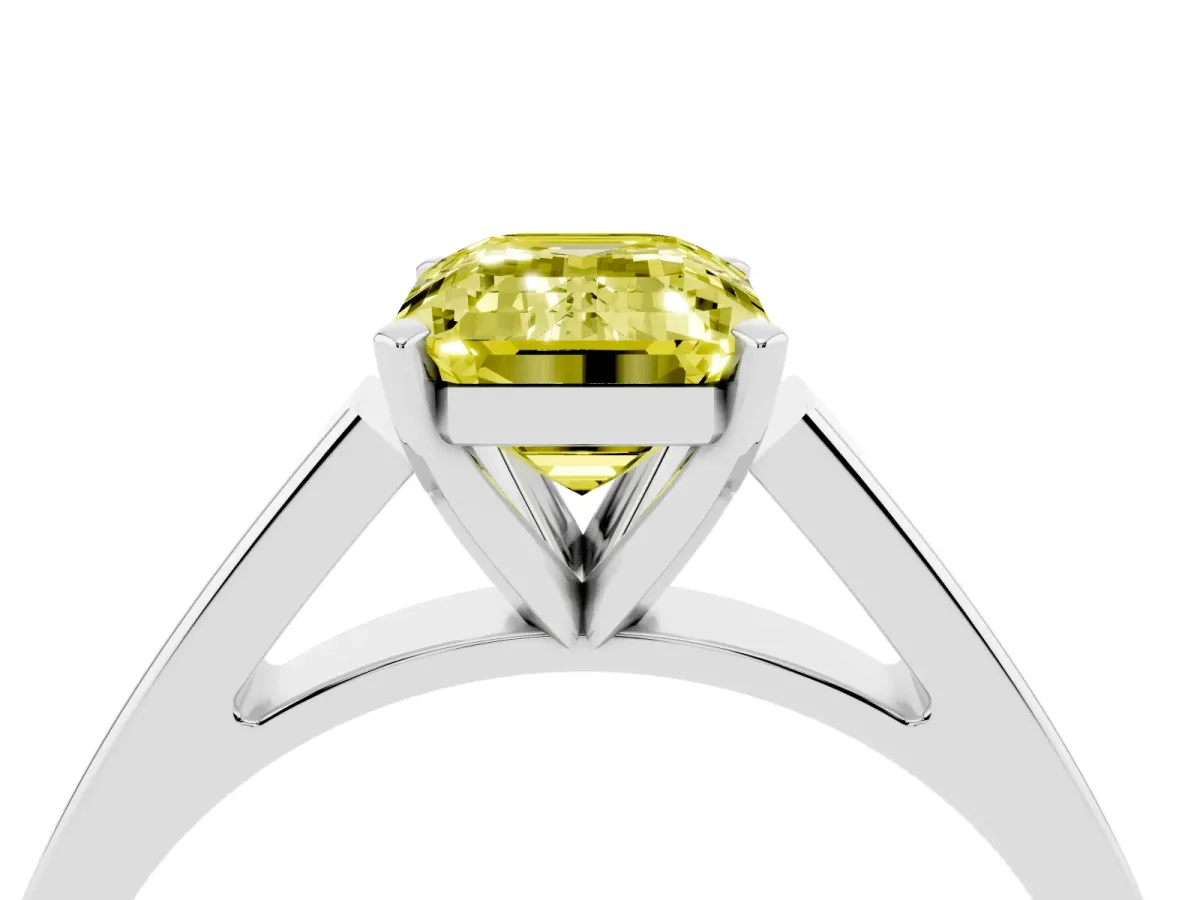Fancy Yellow Emerald Cut Solitaire Engagement Ring with Four-Prong Setting and Tapered Band Silver