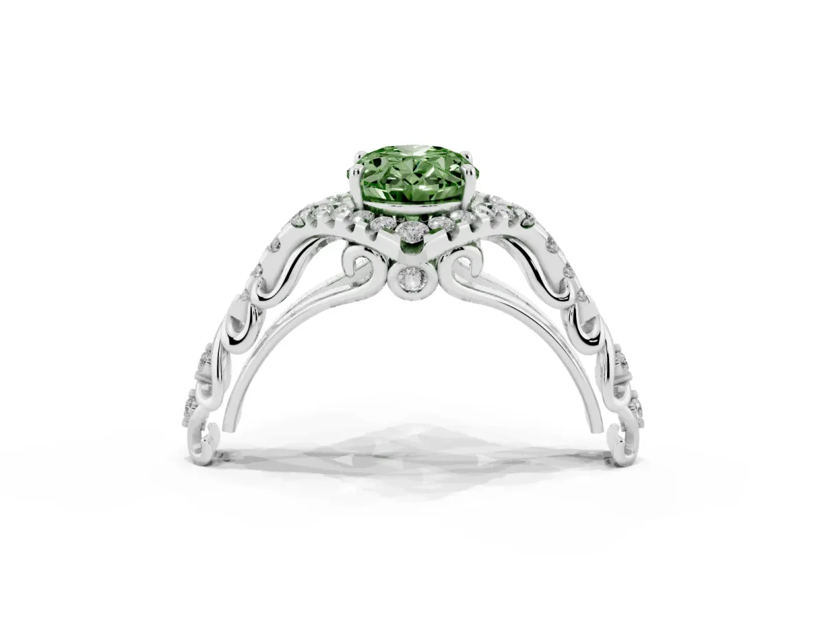 Fancy Green Oval Cut Diamond Solitaire Ring with Hidden Halo and Pavé Band Silver
