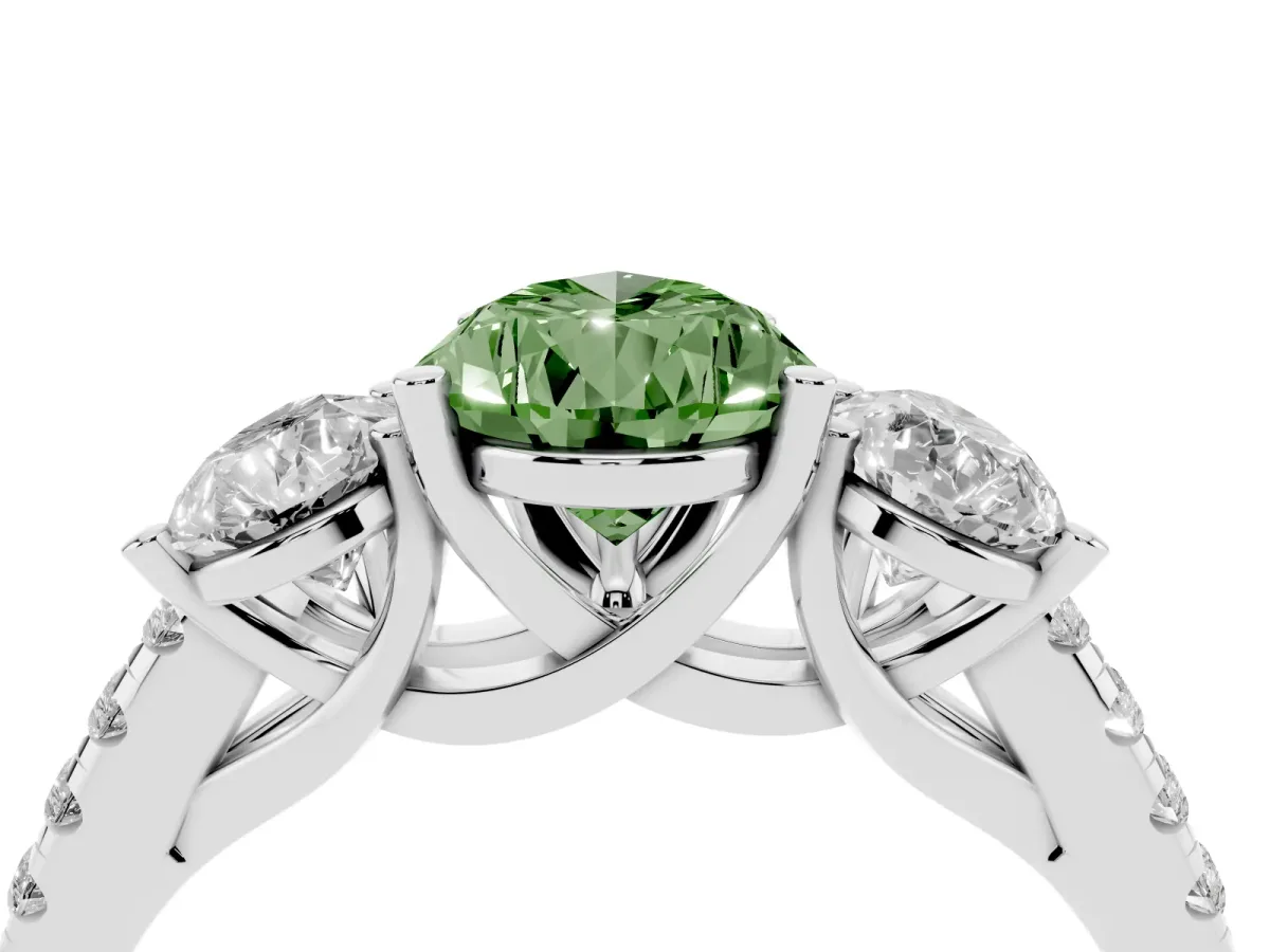 Fancy Green Three-Stone Pear Cut Diamond Ring with Round Pavé Band and Prong Setting Silver