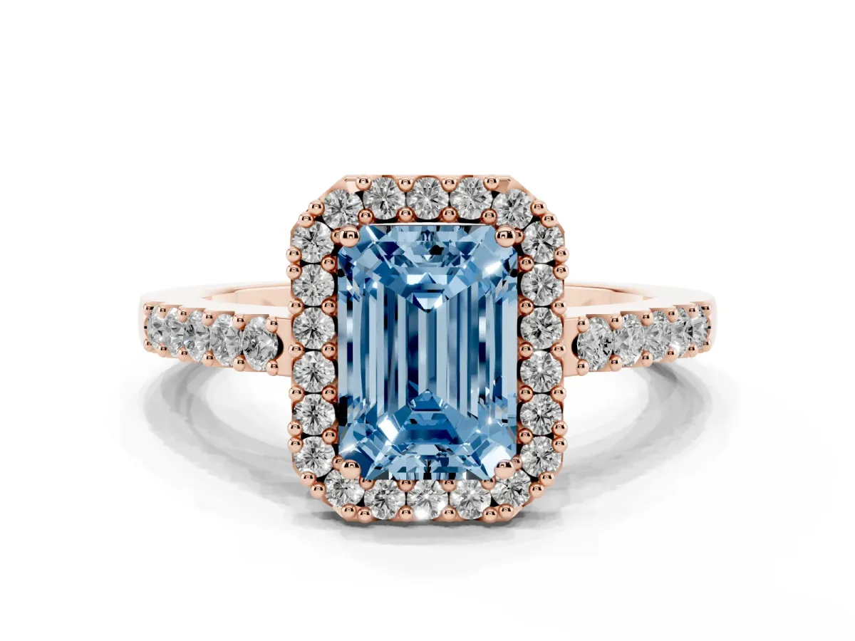 Fancy Blue Emerald Cut Halo Diamond Pavé Solitaire Ring Rose gold