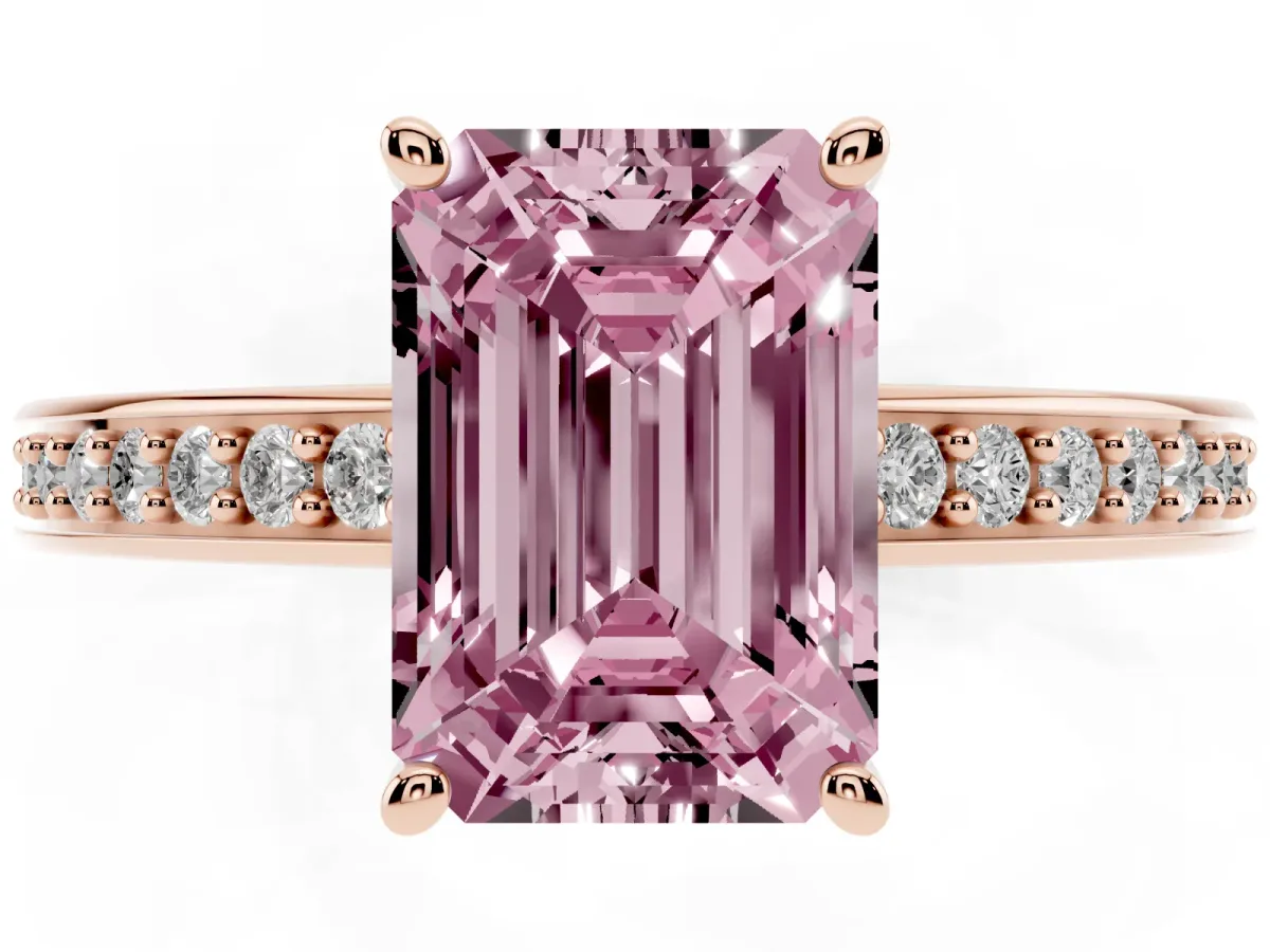 Fancy Pink Emerald Cut Solitaire Pavé Band Prong Setting Ring Rose gold