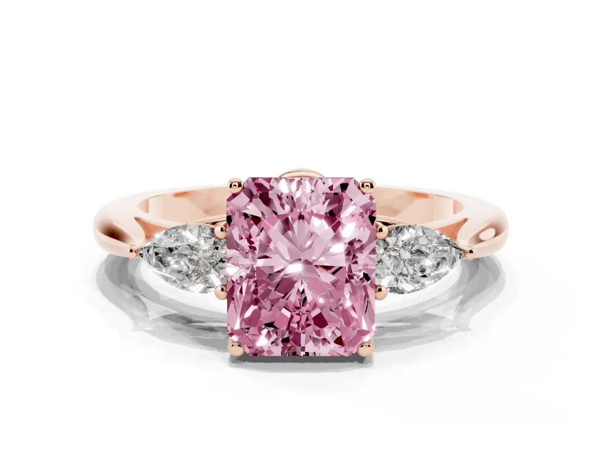 Fancy Pink Three-Stone Radiant Cut Brilliant Diamond Solitaire Ring with Tapered Band and Four-Prong Setting Rose gold