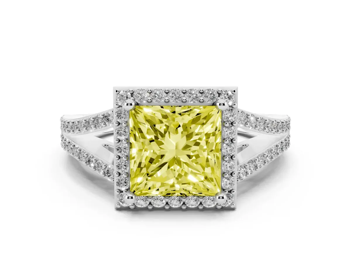 Fancy Yellow Princess Cut Halo Split Shank Diamond Ring with Prong Setting Silver