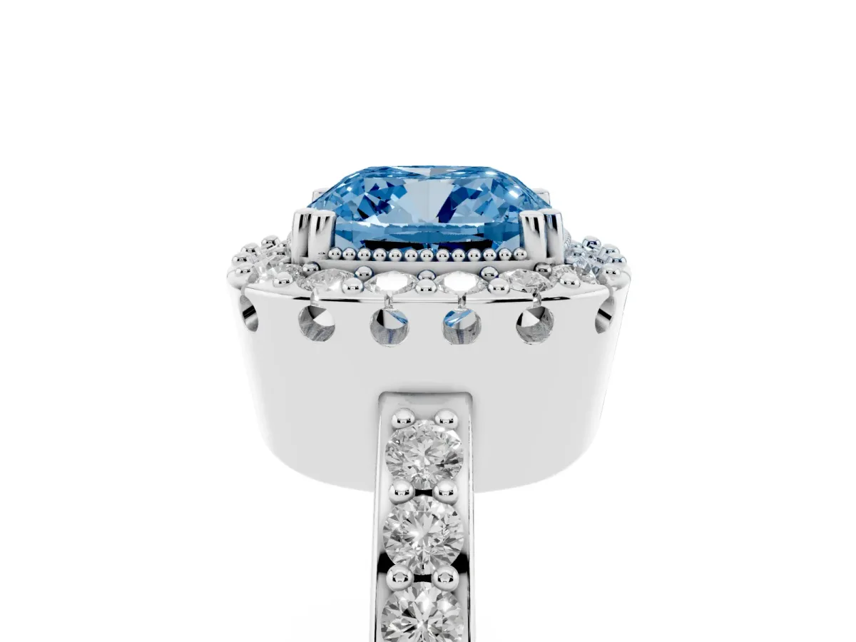 Fancy Blue Cushion Cut Diamond Halo Ring with Pavé Band and Prong Setting Platinum