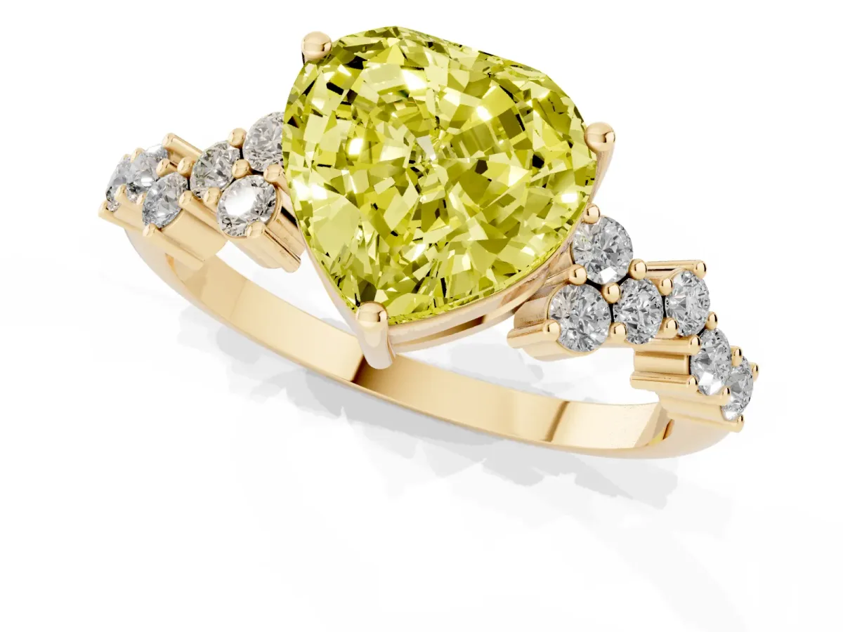 Fancy Yellow Heart Cut Diamond Scattered Round Accent Ring with Prong Setting Yellow gold