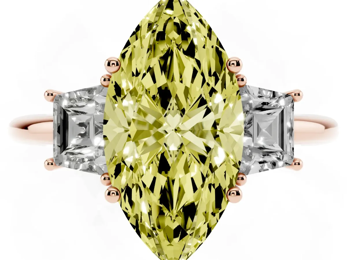 Fancy Yellow Marquise Cut Diamond Three-Stone Ring with Trapezoid Side Stones and Prong Setting Rose gold