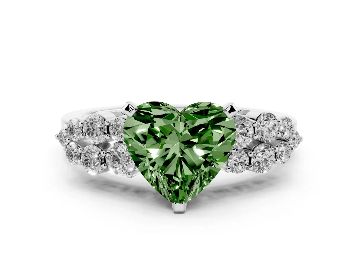 Fancy Green Heart Cut Cluster Diamond Engagement Ring with Pavé Band and Four-Prong Setting Silver
