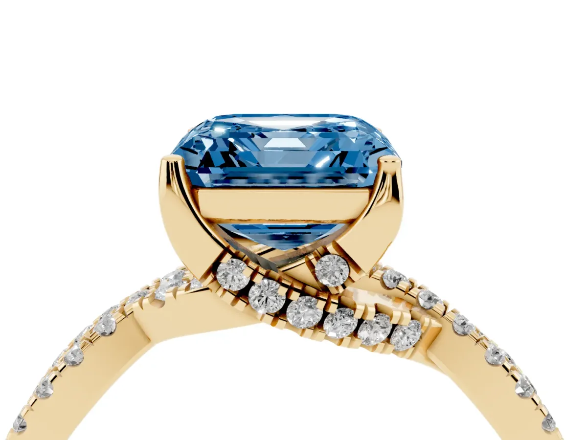 Fancy Blue Asscher Cut Solitaire Twist Pave Diamond Engagement Ring with Prong Setting Yellow gold