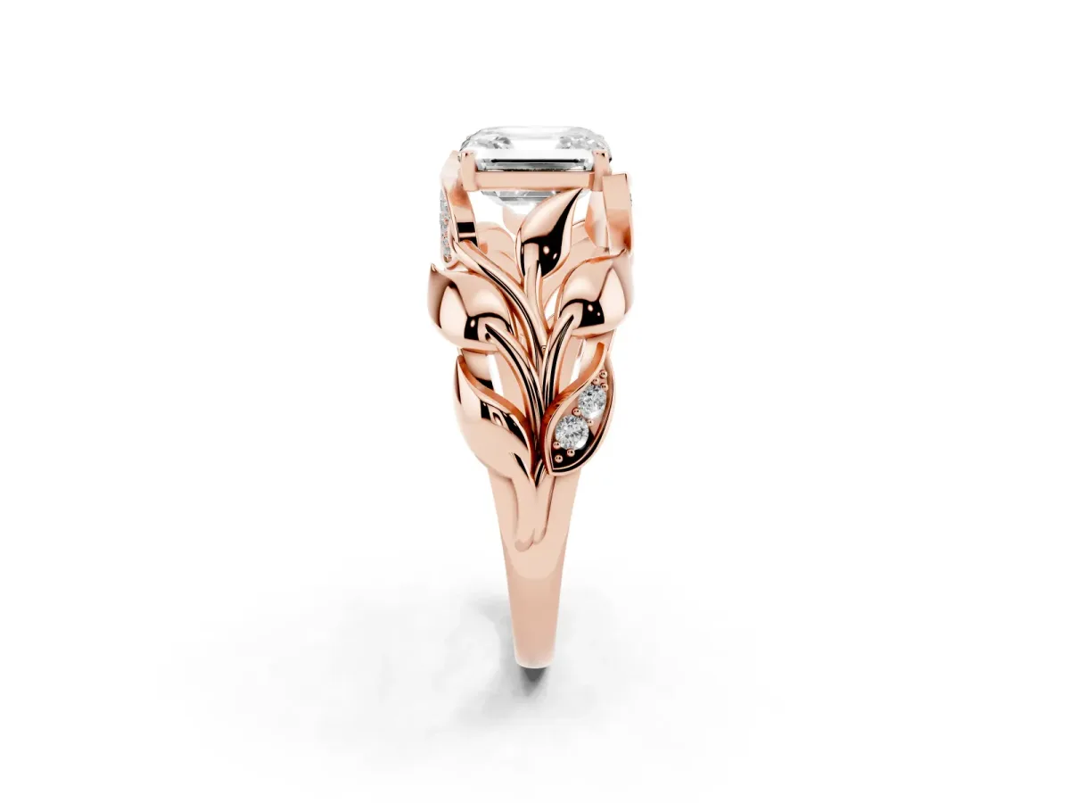 Asscher Cut Diamond Leaf-Inspired Engagement Ring with Round Accents and Prong Setting Rose gold