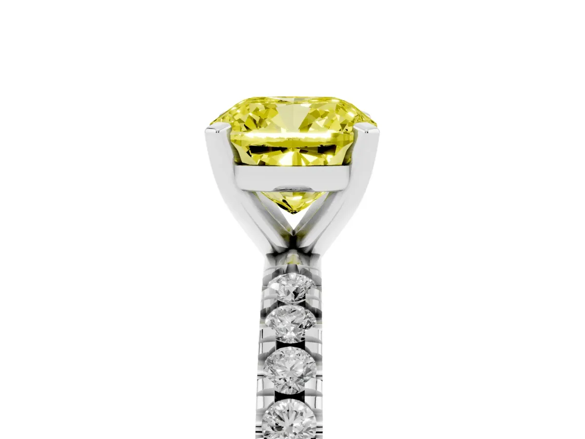 Fancy Yellow Cushion Cut Diamond Pavé Band Solitaire with Four-Prong Setting Silver