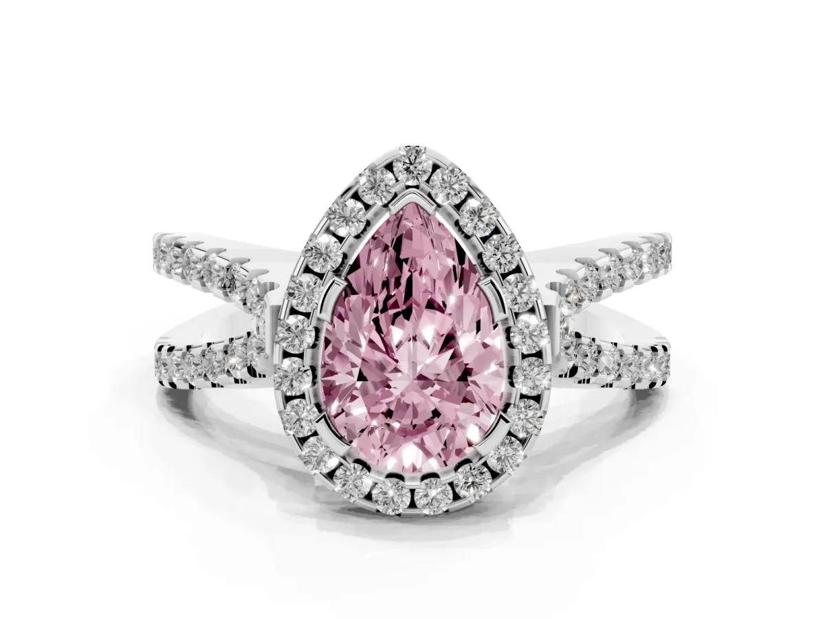Fancy Pink Pear Cut Diamond Halo Ring with Split Shank Pavé Band and Prong Setting Silver