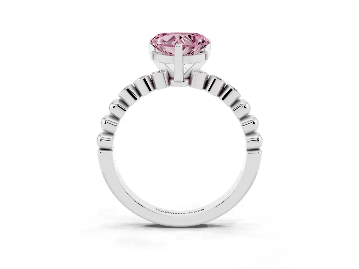 Fancy Pink Heart Cut Solitaire Bezel Accent Diamond Engagement Ring with Beaded Band and Four-Prong Setting Silver