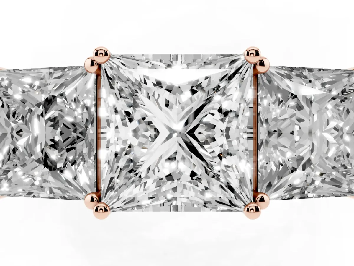 Princess Cut Diamond Three-Stone Ring with Prong Setting and Textured Band Rose gold