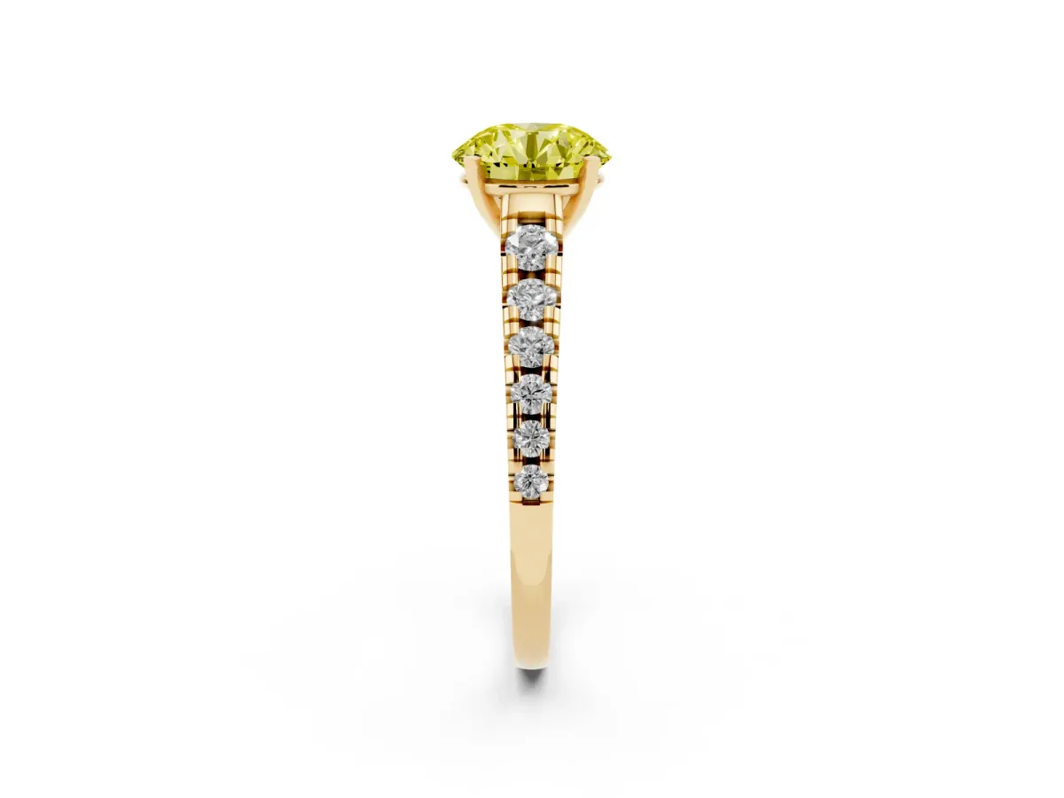 Fancy Yellow Round Cut Diamond Cathedral Solitaire Ring with Round Pavé Band Yellow gold