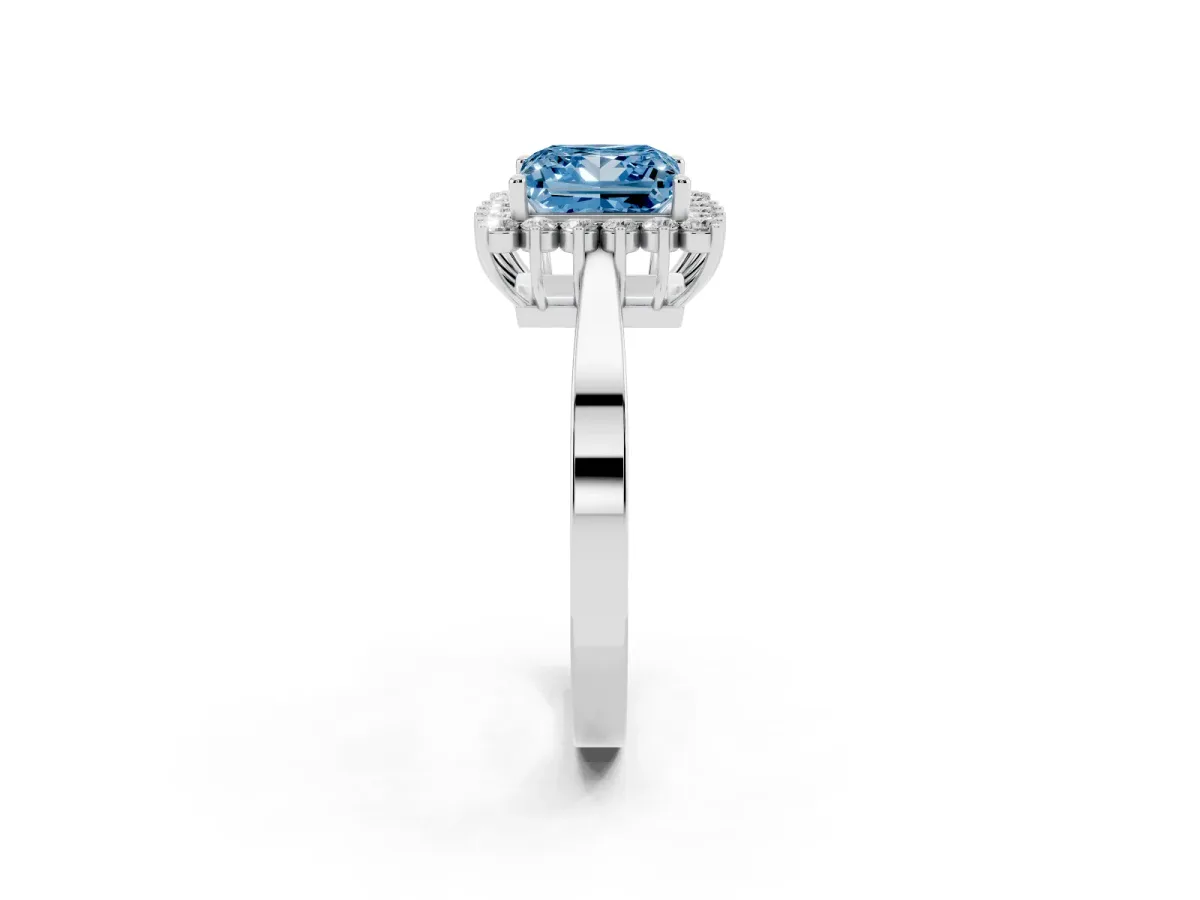 Fancy Blue Princess Cut Cut Diamond Halo Ring with Round Brilliant Halo and Solitaire Band Platinum